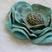 Seafoam Leather Flower Brooch, Boutonniere, Blue Glass Vintage Button Center 2 1/2" in stock