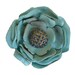 Seafoam Leather Flower Brooch, Boutonniere, Blue Glass Vintage Button Center 2 1/2" in stock