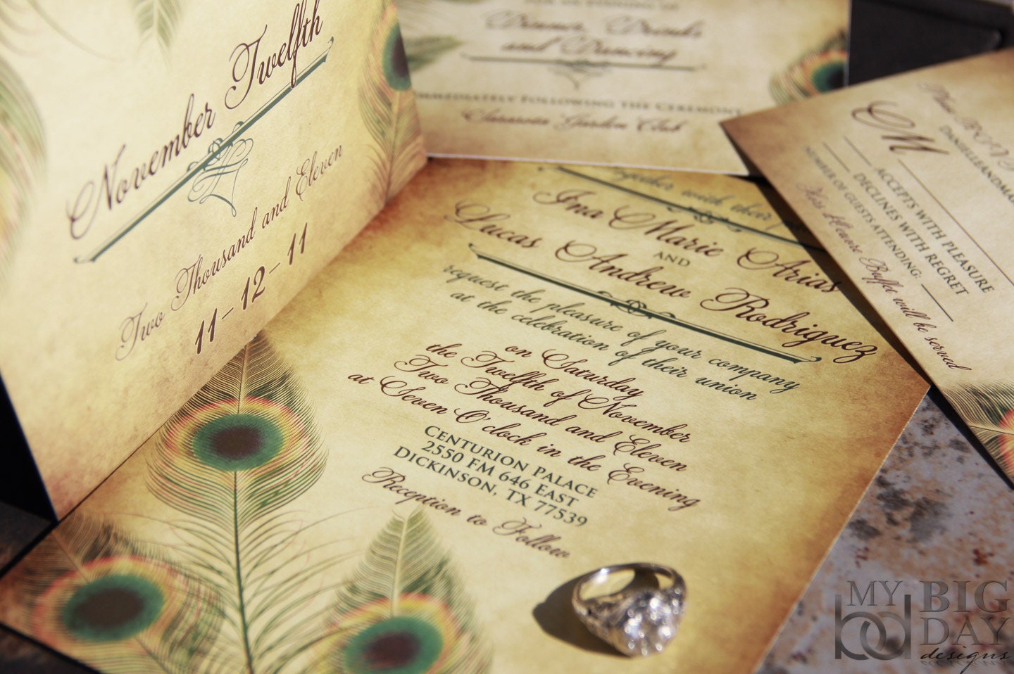 Vintage, Peacock Wedding Invitation Set / Antique