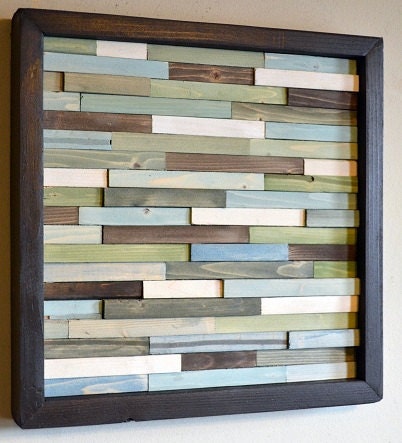 Wood Art - Skinny Rectangles - 12 x 12 - greens, blues, grays, browns and white