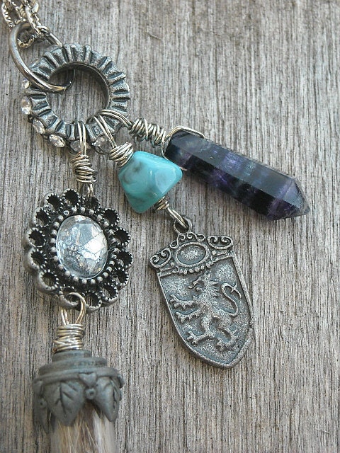Memento Mori, Bottle Necklace, Vial Necklace, Charm Necklace, Found Objects, Steampunk, Amethyst, Turquoise,