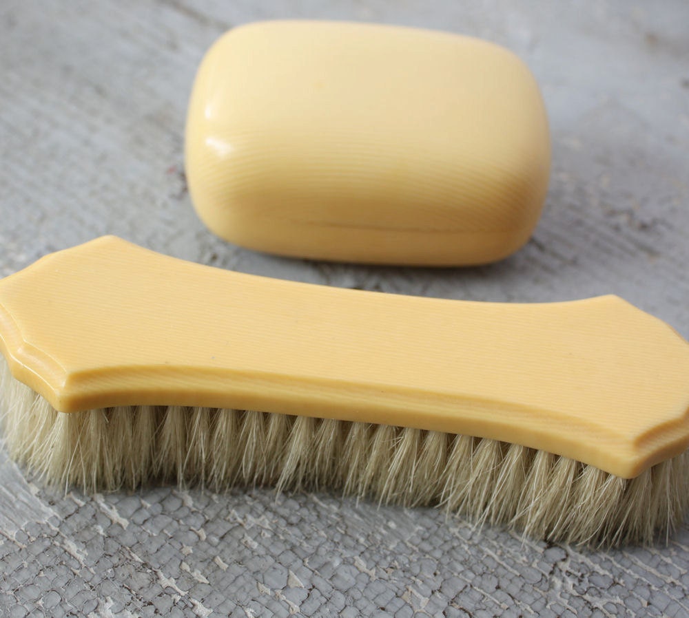 Antique French Ivory Celluloid Clothes Brush Covered Soap Holder circa 1920's