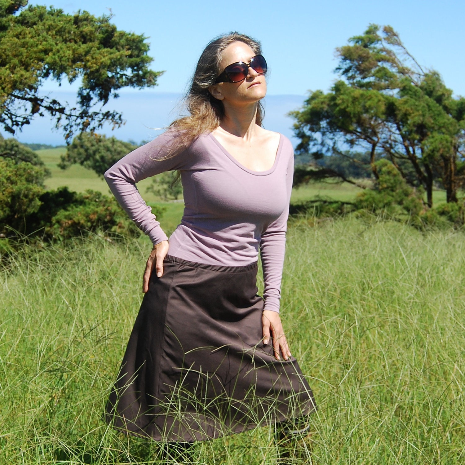 Women's Aline Skirt - Knee Length -  Brown Organic Cotton Clothing - SAMPLE SALE