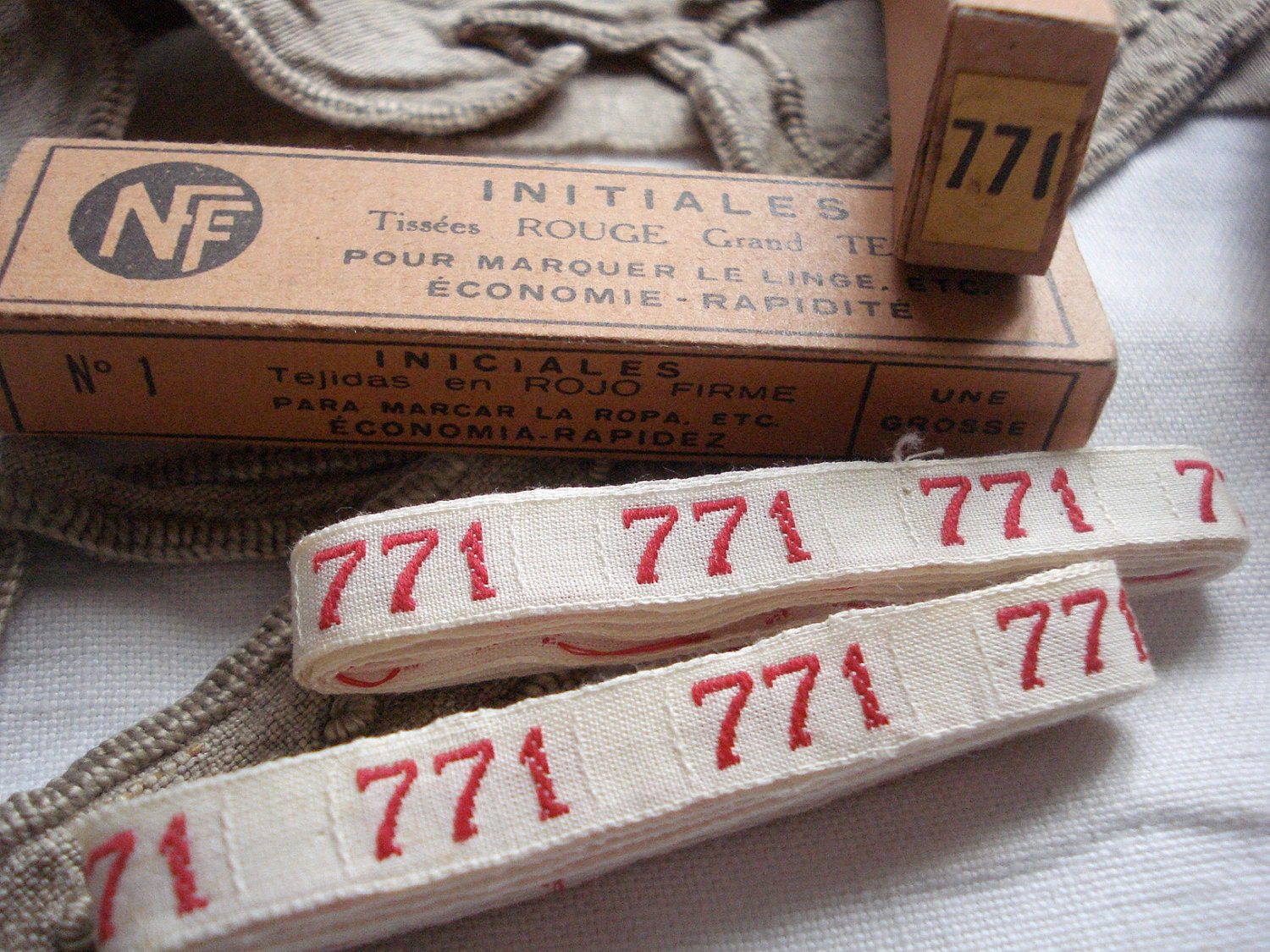 vintage french laundry label numbers 771 linen kitchen cloth....