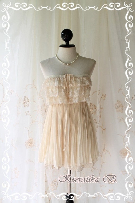Sunshine Day Dream - Soft French Cream Pastel Toned Silk Chiffon Pleated With Matching Lacy Top Halter And Strapless Long Tunic