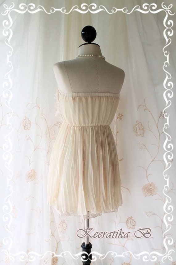 Sunshine Day Dream - Soft French Cream Pastel Toned Silk Chiffon Pleated With Matching Lacy Top Halter And Strapless Long Tunic