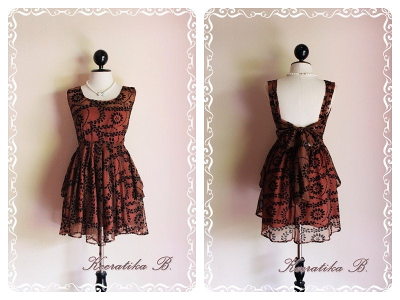 A Party Limited - Fantastic See Through Brown Fabrics Velvet Black Floral Deep Back Bow Tie Party Prom Wedding Bridesmaid Cocktail Dress