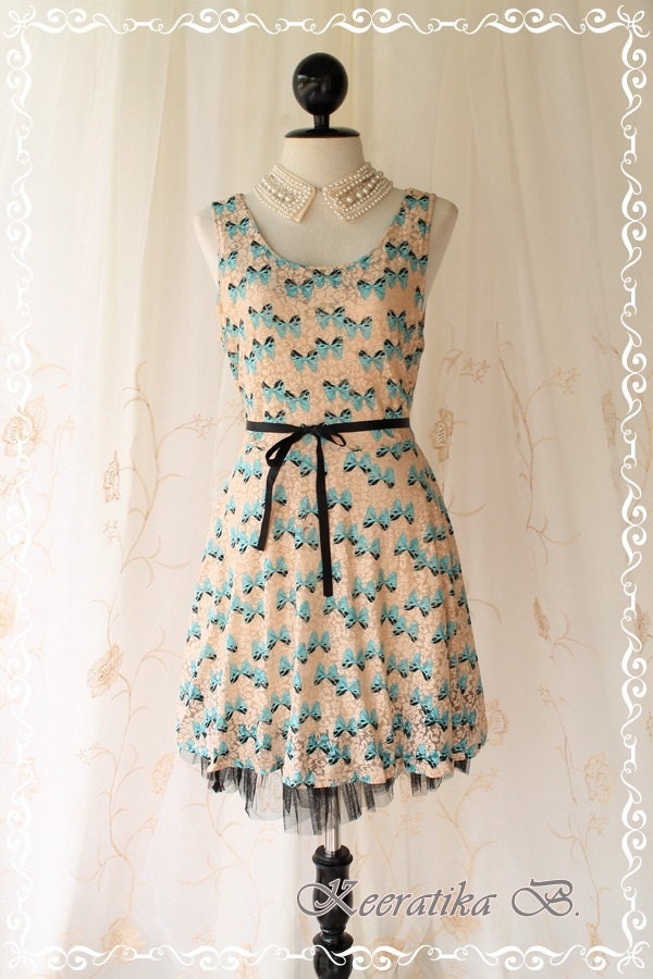 Butterfly On Roses - Sundress Spring Summer Inspired Lovely Butterfly Print On Elastic Roses Lace Black Ribbon Tie