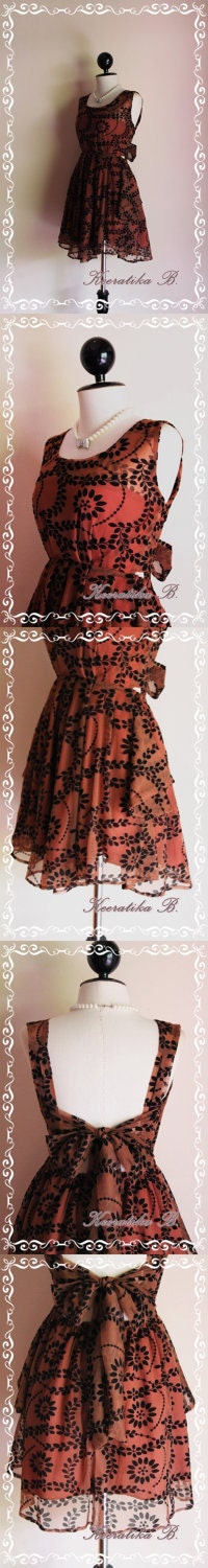 A Party Limited - Fantastic See Through Brown Fabrics Velvet Black Floral Deep Back Bow Tie Party Prom Wedding Bridesmaid Cocktail Dress