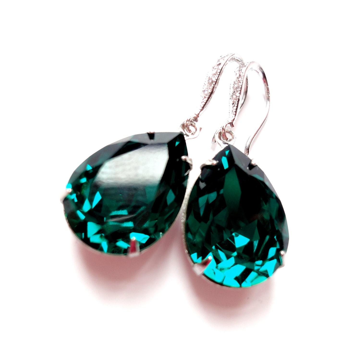 Emerald Green Swarovski Crystal Estate Earrings with White Gold Plated Luxury Cz Earring Hooks // Bride ,Bridal, Bridesmaid, Wedding, Prom