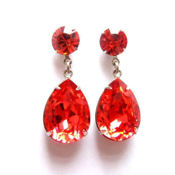 LAST PAIR /  Padparadscha Angelina Jolie's Inspired Estate Style Dangle Post Earrings with Swarovski Crystals
