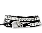 Diamond Beaded Leather Wrap Bracelet - the lucky elephant Original with Faceted Clear Crystals and GOOD LUCK ELEPHANT Button