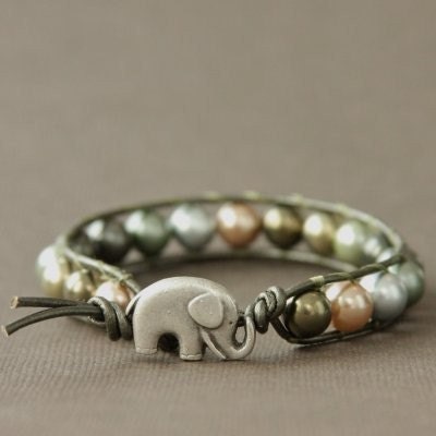 GOOD LUCK ELEPHANT Leather Wrap Bracelet with Multi-Color Glass Pearls