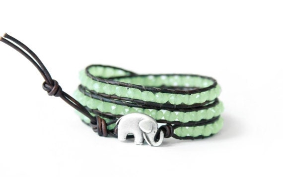 the lucky elephant Mint Green Leather Wrap Bracelet - Faceted Mint Crystals with GOOD LUCK ELEPHANT