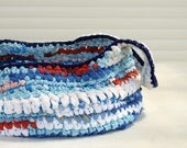 Upcycled rag crochet basket - summer blue white and orange, large