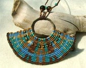 Beaded macrame necklace free spirit blue and brown with tiger eye beads