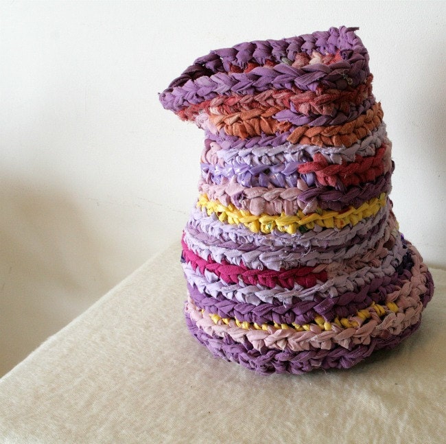 Upcycled rag crochet  tall basket -shades of purple with yellow plastic yarn