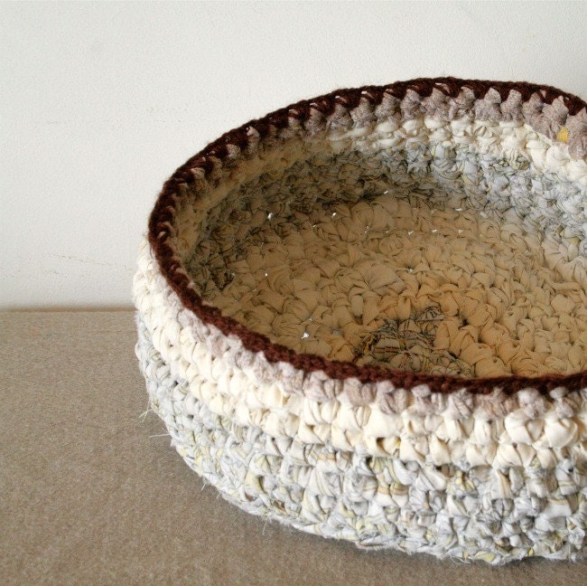 Reserved for maudelilacs - upcycled big rag crochet in white, cream, off white with brown top