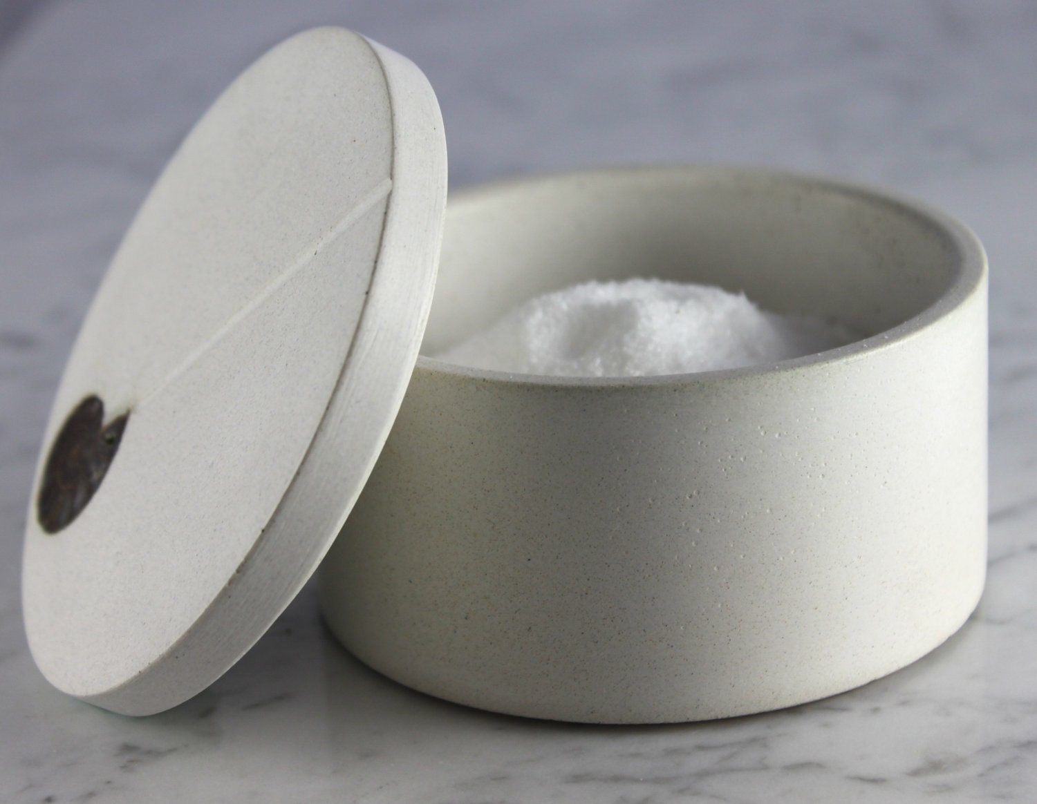 White. Concrete. Salt. Cellar. Salt Cellar with Ammonite Inlay. Salt Container. Fossil Jar.