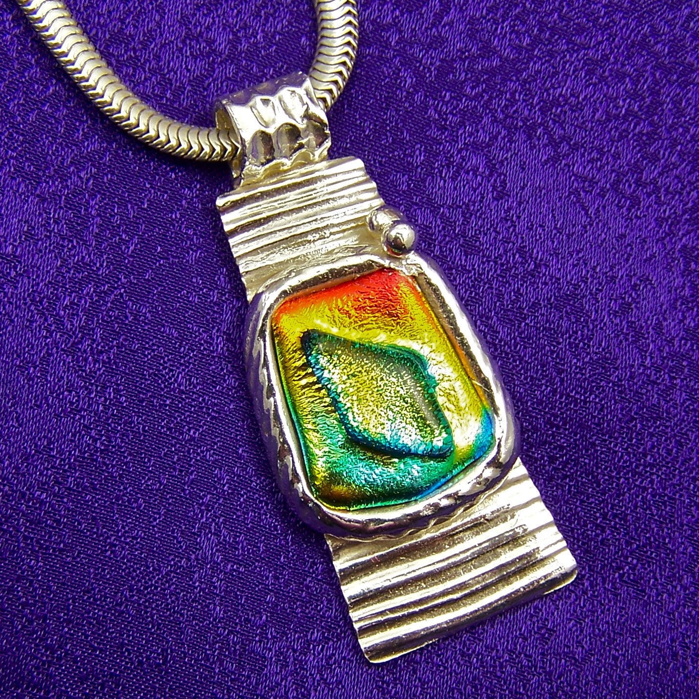Dichroic PMC Pendant - Sunrise Glow Fused Glass Set in Fine Silver - Gold Orange Green Teal