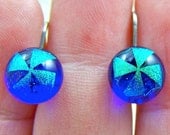 Tiny Dichroic Euro Lever Back Earrings - 1/4" 6mm 7mm - Cobalt Blue & Teal Green Pinwheel Fireworks Fused Glass