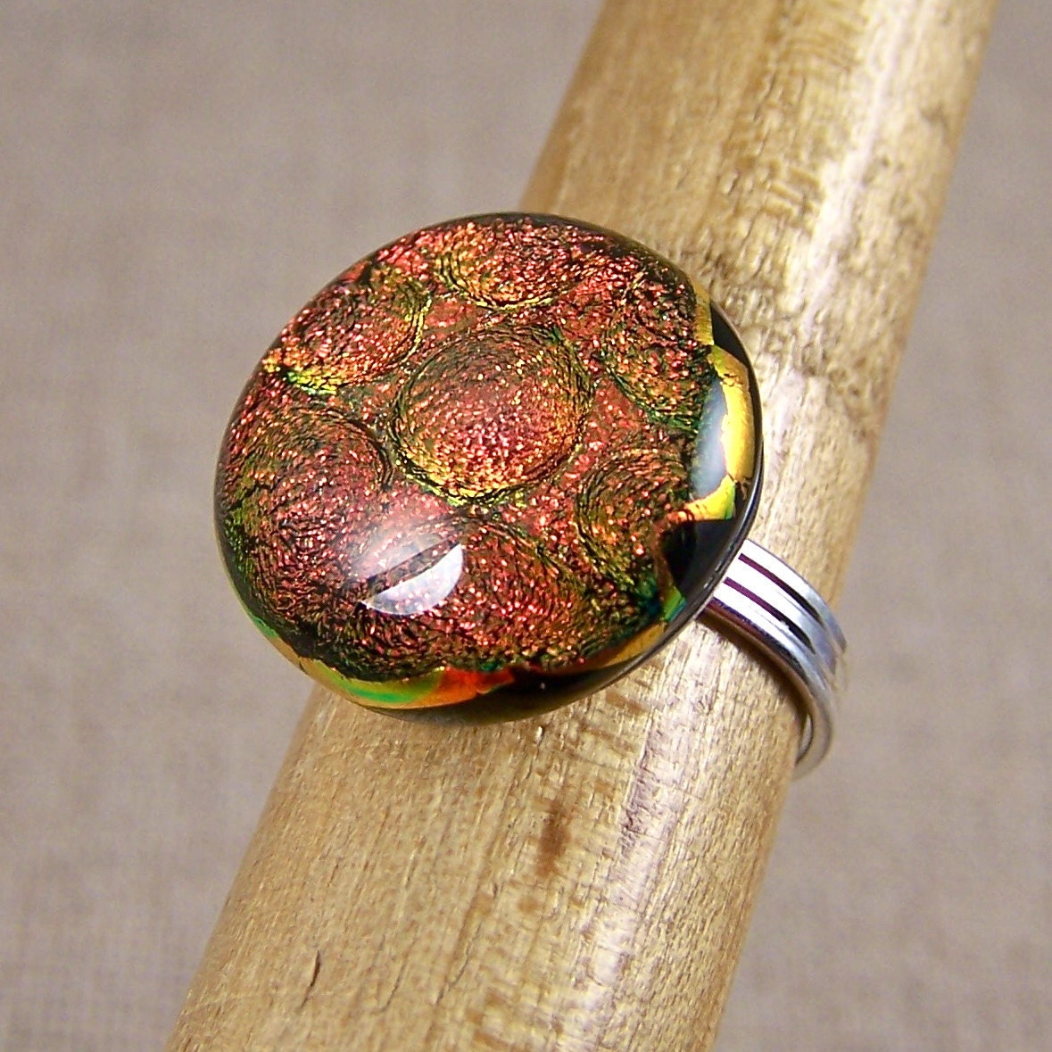 Dichroic COCKTAIL Ring ADJUSTABLE Fused Glass - 3/4" 2cm - Gold Copper Orange Bubbles