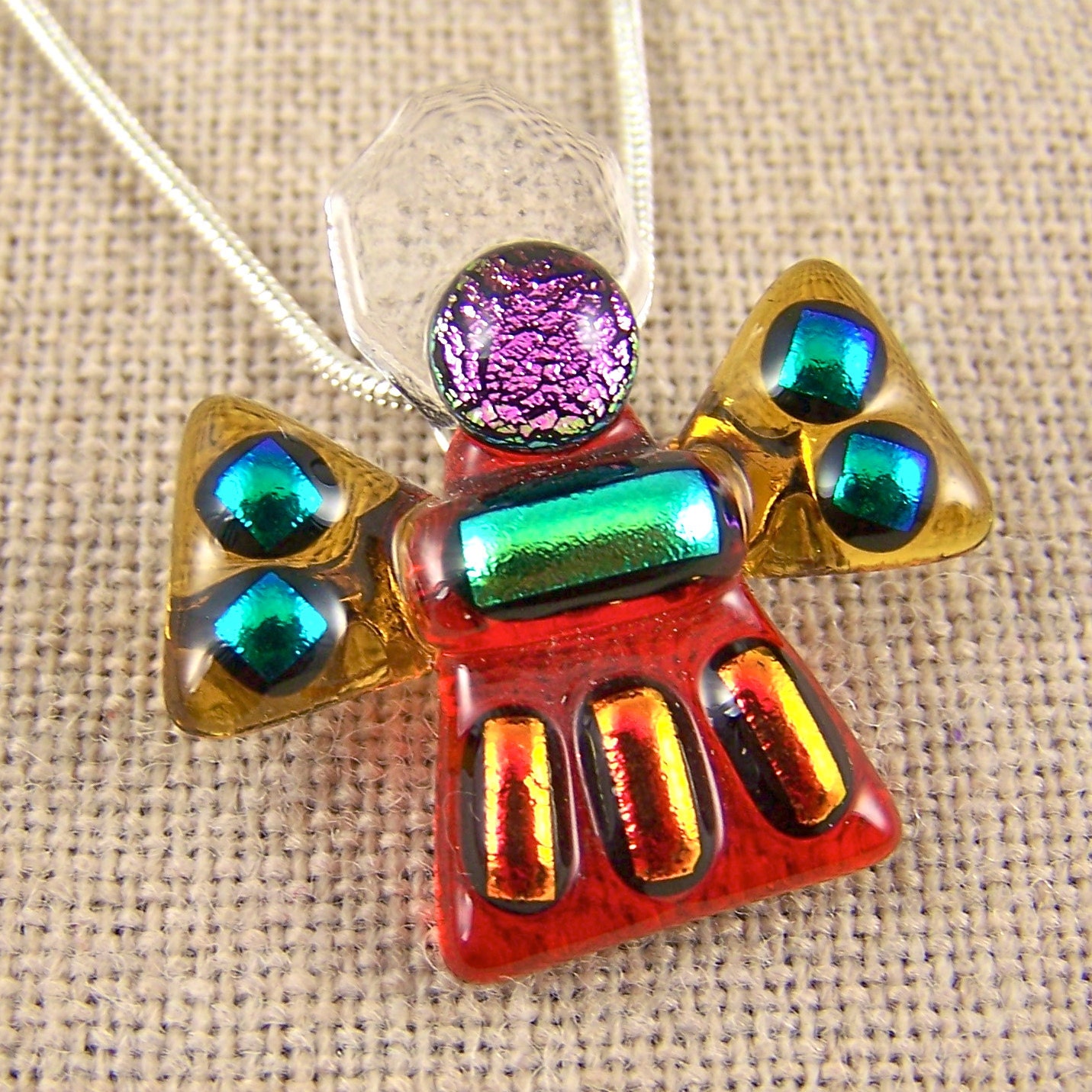 Dichroic Angel Pin AND Pendant - Amber Orange Pink Green Fused Glass