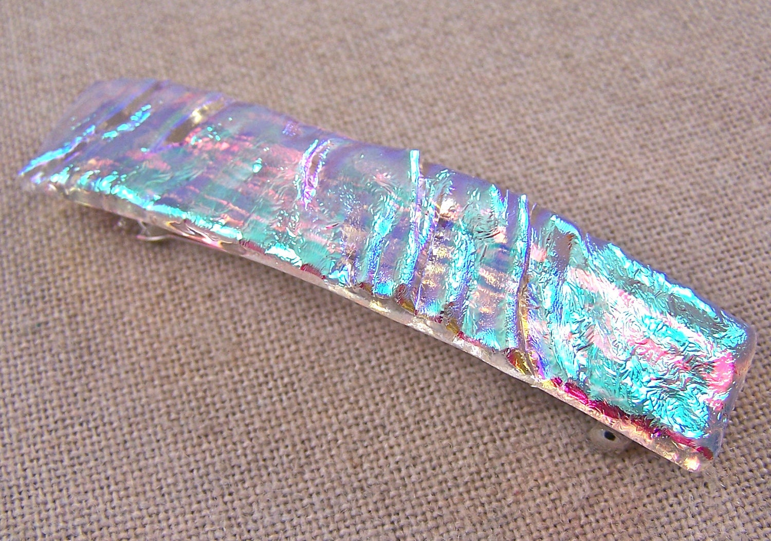 Dichroic Barrette - 3.5" / 9cm - Diamonds & Ice Pink Silver Gold Green Fused Glass Ripple Waves