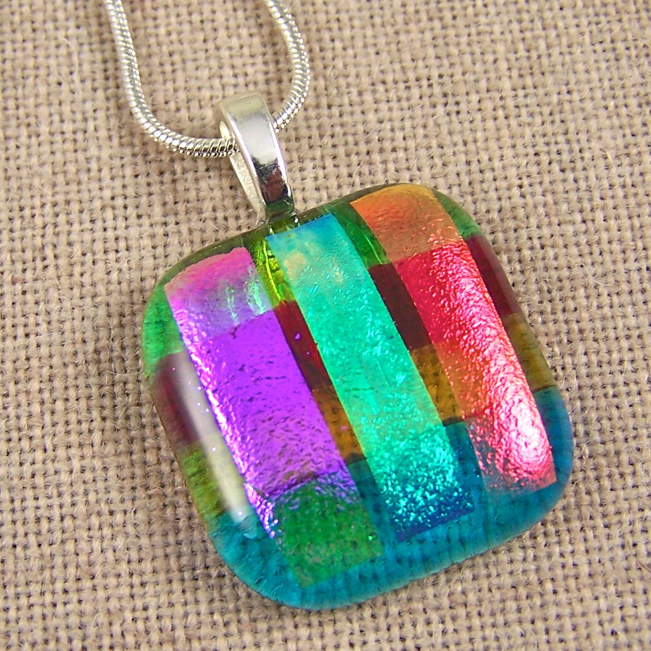 Dichroic Pendant - 1" 25mm Bright Rainbow Layered Stripes Fused Glass - Red Pink Blue Green Orange Gold Amber