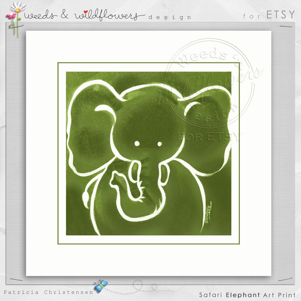 Digital Zoo Green Jungle Elephant 12 in x 12 in Frameable Wall Art for Kids Baby Nursery Bedroom - Download Immediately