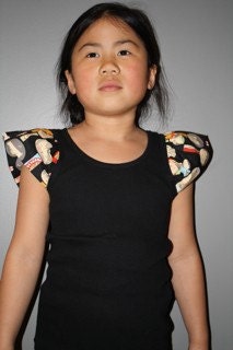 Girls Embellished Old Navy Tank Top (black) with Alexander Henry's Yui Kokeshi Sleeves Size 8