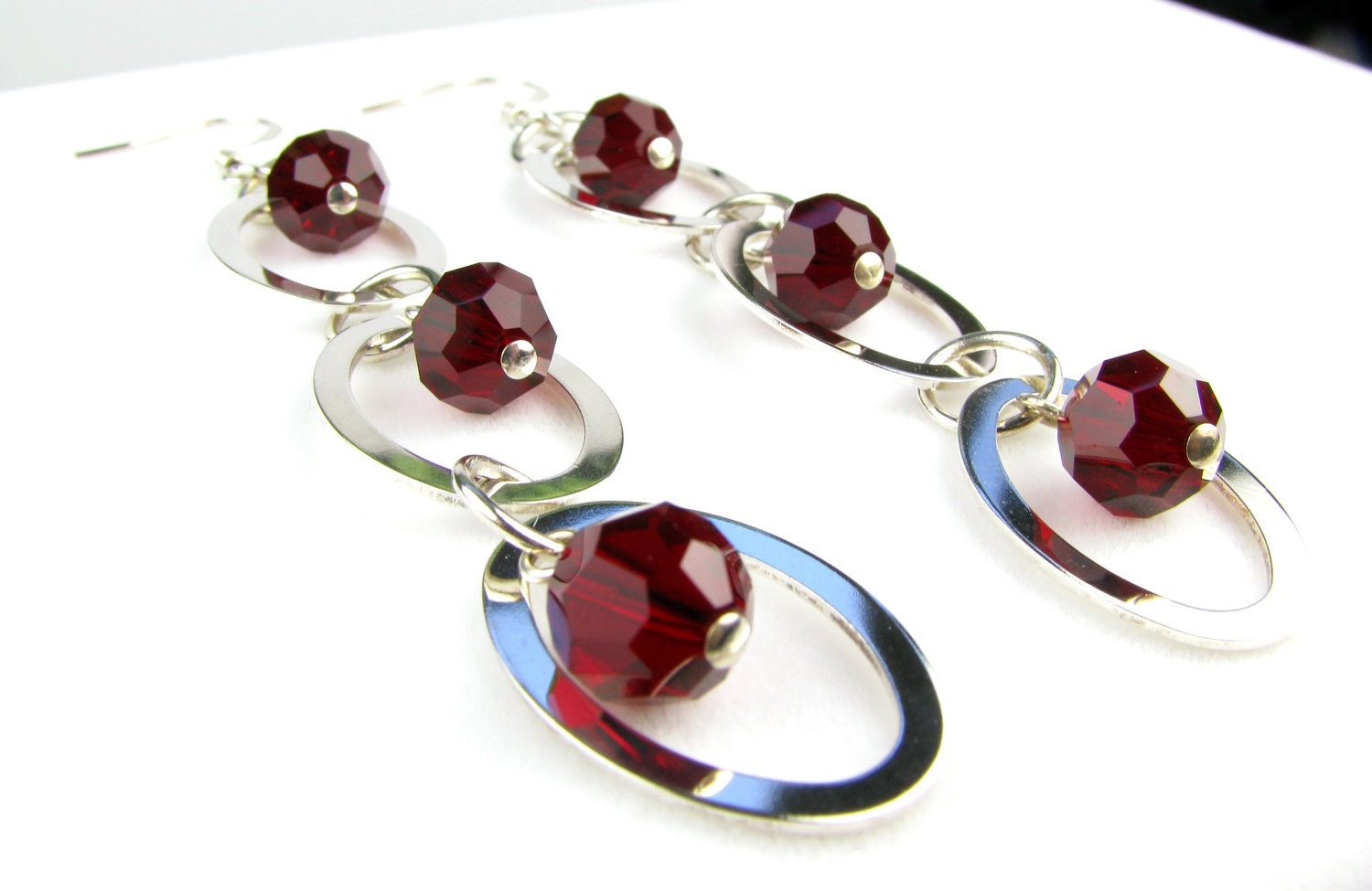 SALE Red Crystal and Oval Link Earrings