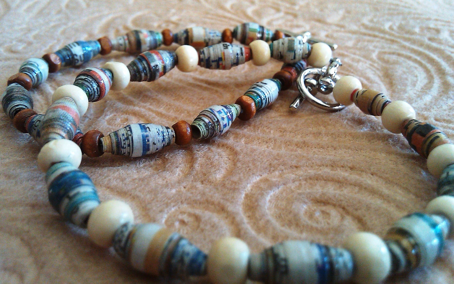 Multicolored Newspaper and Wooden Bead Bracelet