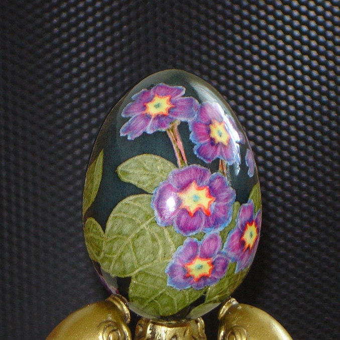 Garden primula on darkly grey background. Duck egg. Easter eggs.