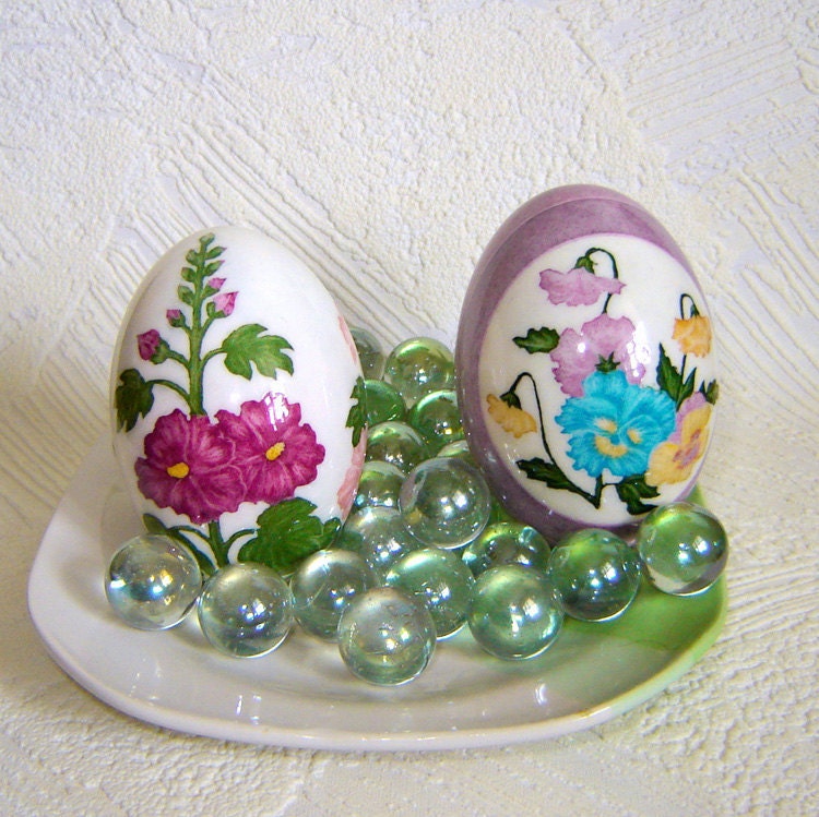 SALE. Pansies and hollyhocks. Duck eggs. Set of two eggs.