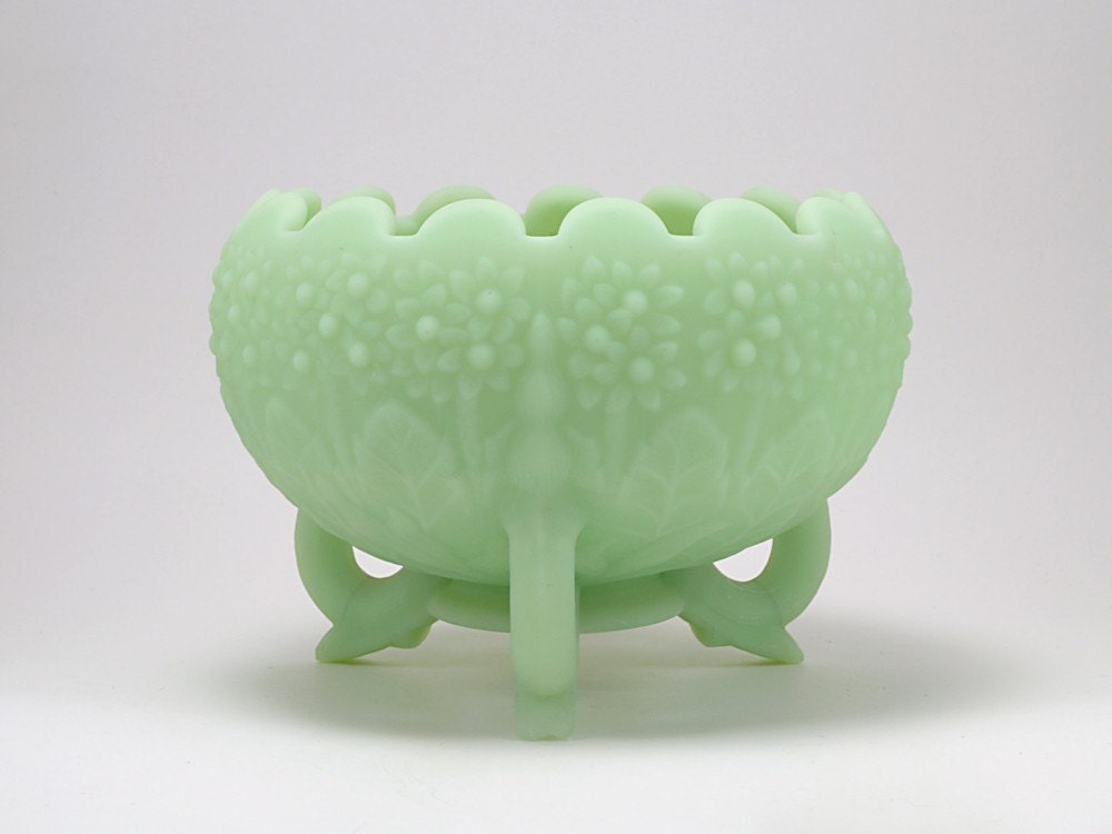 Fenton Green Satin Glass Bowl 3 footed by avintagecrush on Etsy