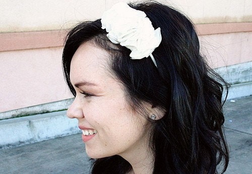 Antique- White Ruffled Satin Flowered Headband