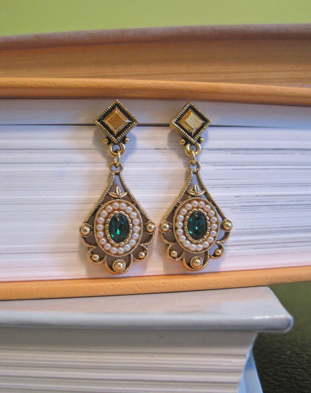 Vintage Upcycled Green and Pearl Earrings