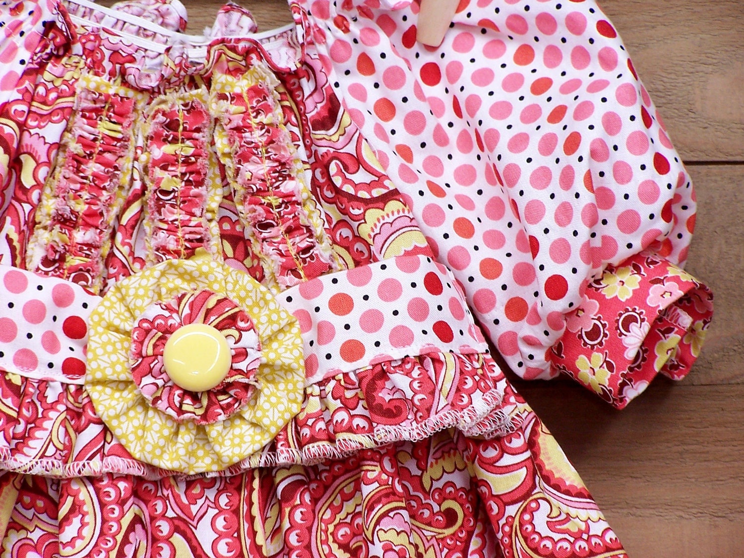 Bubble Gum Pink Paisley Dots Ruffles Fancy Cotton 3 Piece Short Sleeve Peasant Dress Size 2/3