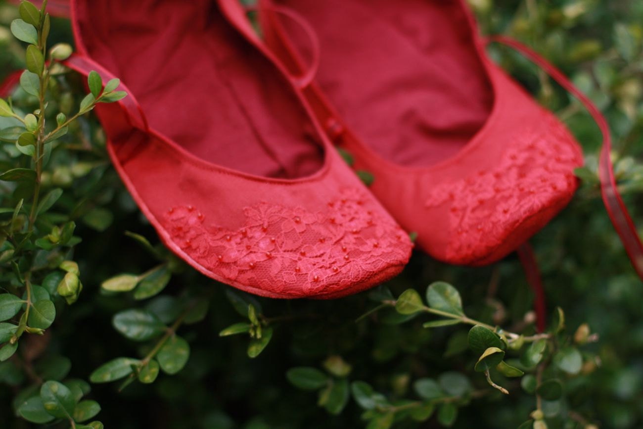 Upturned Toe, Beaded All Red Satin Slippers with Lace Cutout Overlay and Ballet Ties, Outdoor Suede Soles