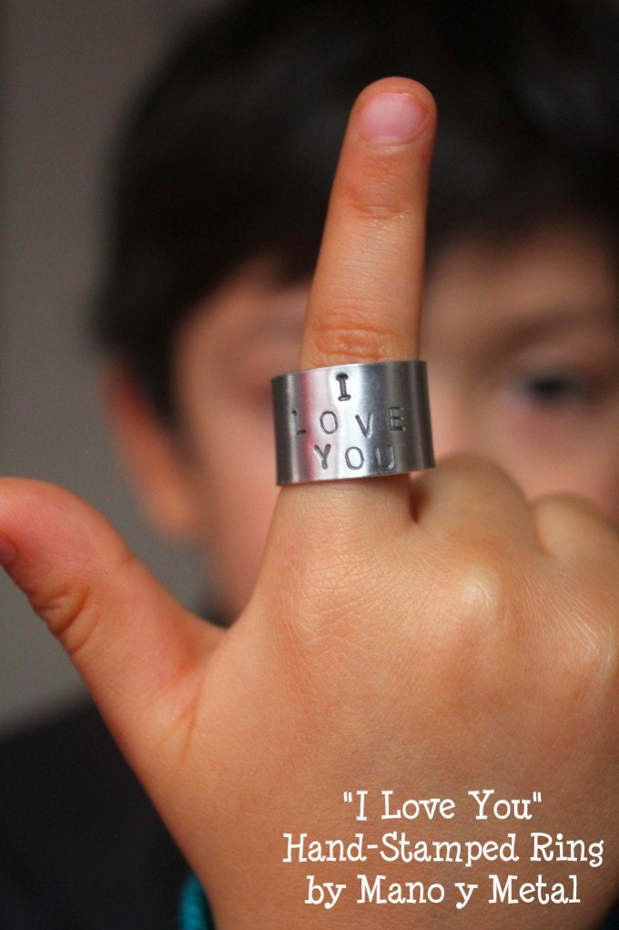 I Love You // hand stamped  Adjustable ring by Mano y Metal