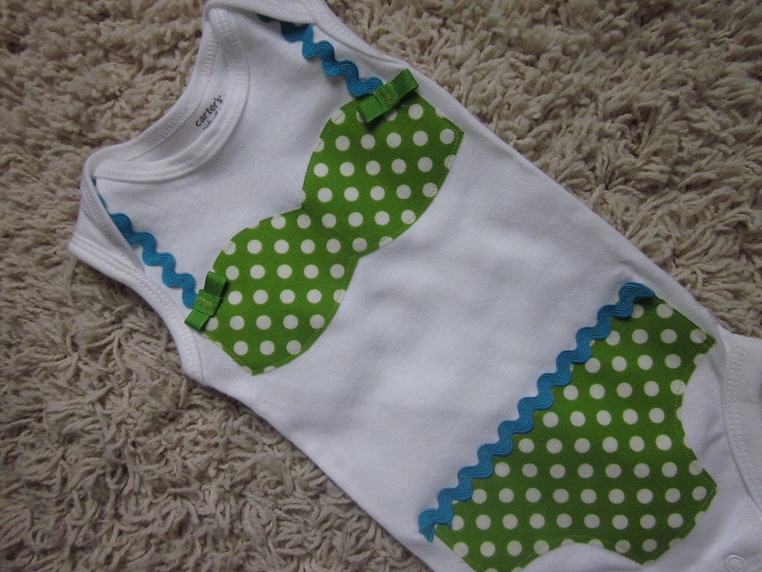Bikini applique onesie, classic green polka dot and aquamarine ric rac trim, short sleeve or sleeveless