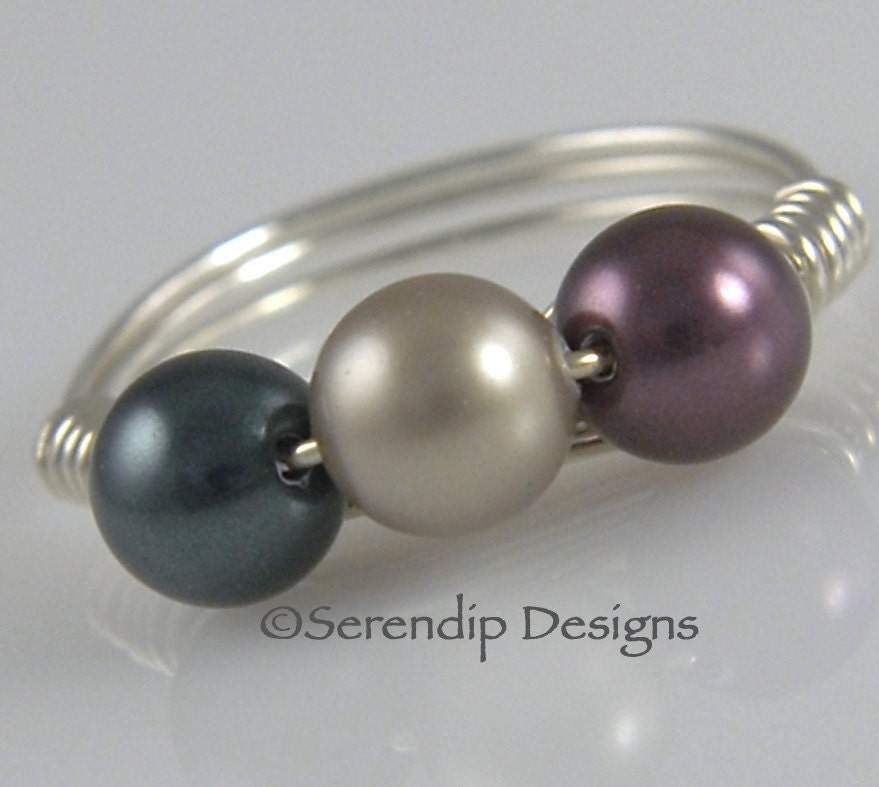 Pearl Ring Wire Wrapped Sterling Tahitian, Platinum, Burgundy