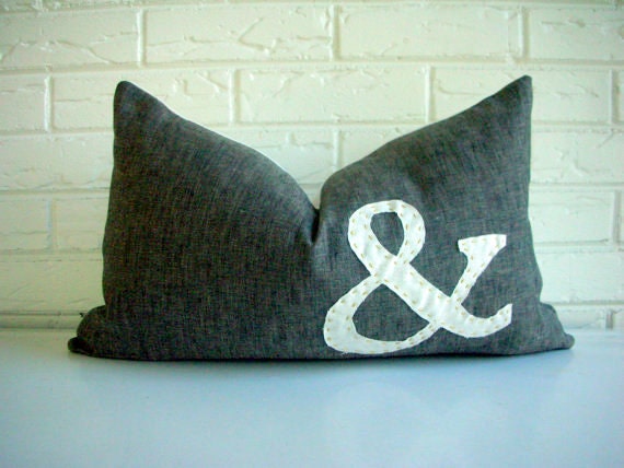 Decorative Pillow Cover Lumbar - Appliqued Ampersand - Typography Letter - Monogram - Black Ivory Slub Linen - Vintage Modern 12" x 20"