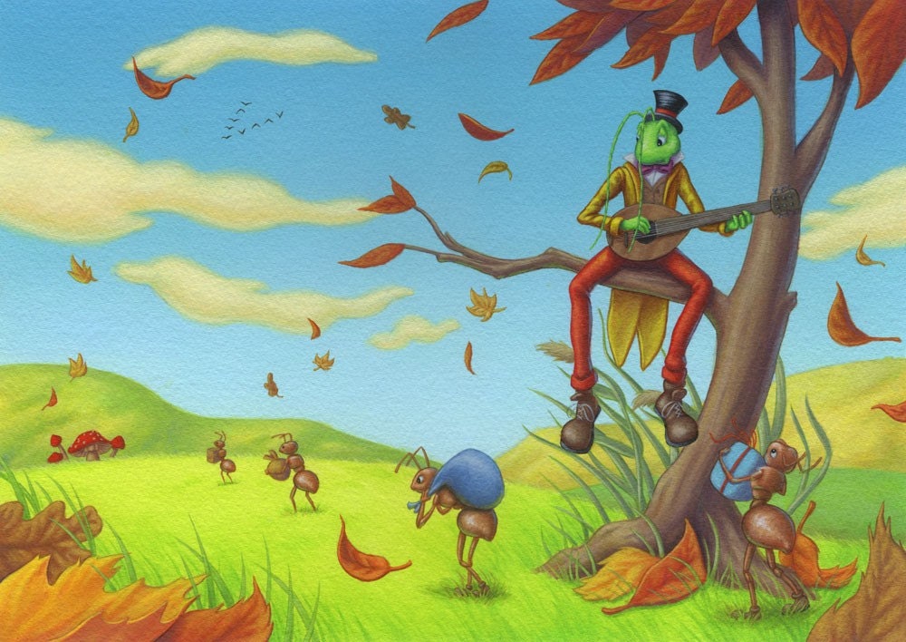 The Cricket and the Ant - Autumn Scene - Original Painting - phpeacock