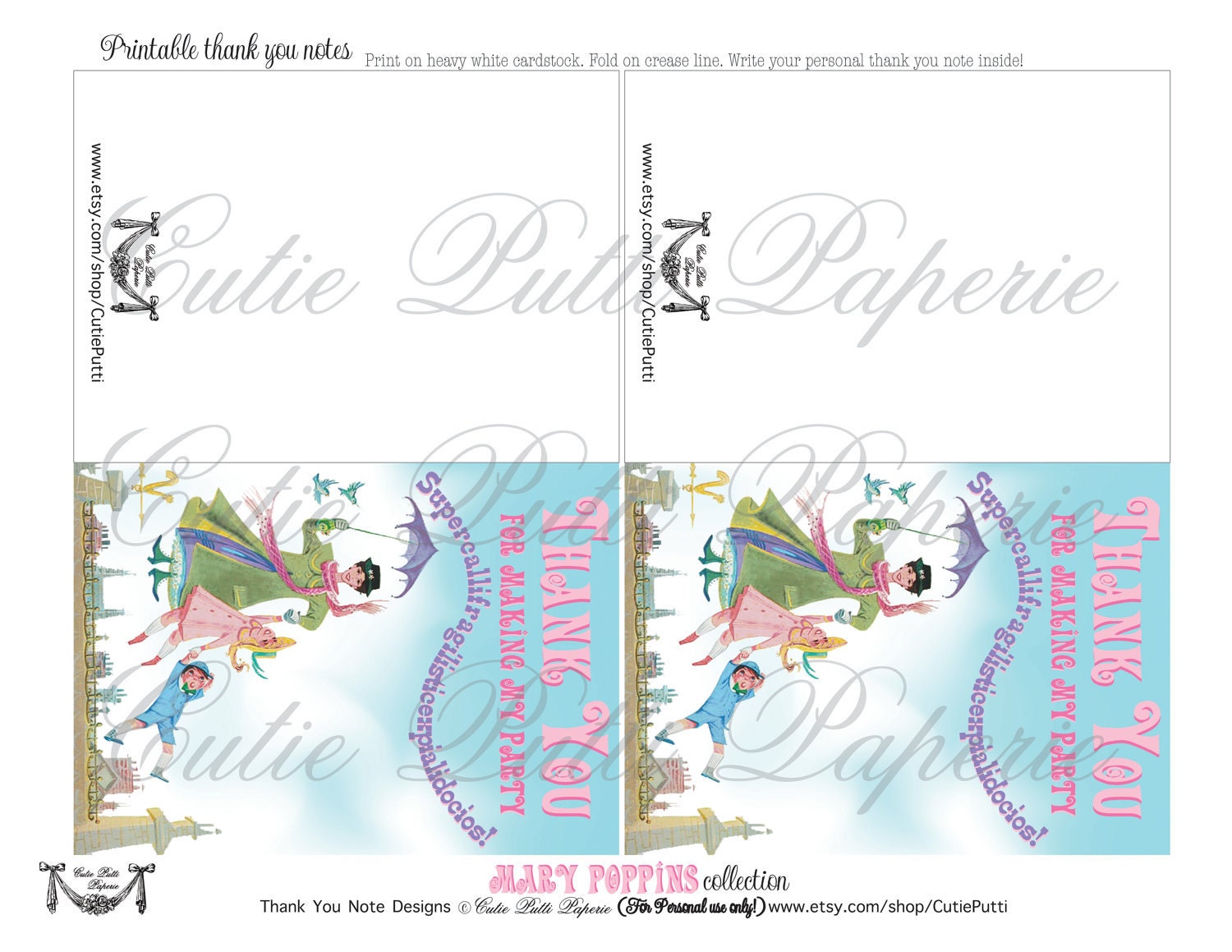 Mary Poppins Vintage Party - PRINTABLE THANK YOU Cards - Cutie Putti Paperie