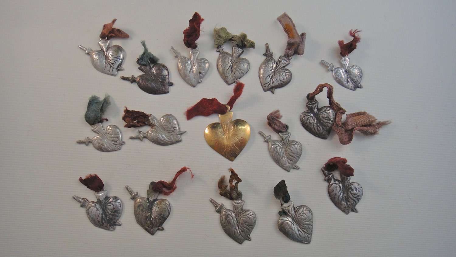Vintage Mexican Milagros Sacred Hearts with Original Ribbons