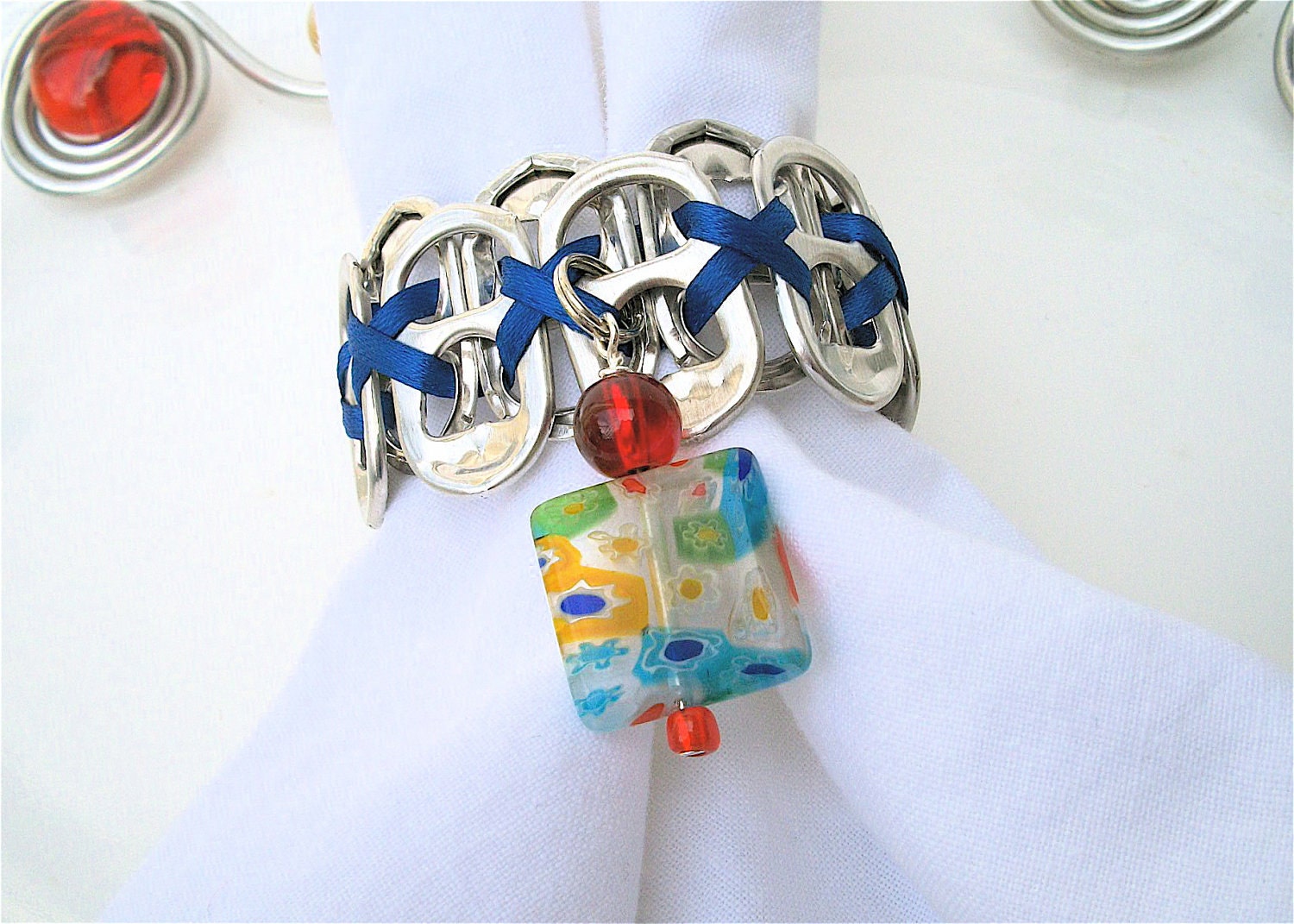 Beaded Soda Tab Napkin Rings - Millefiori - Set of 4 - red, blue, green, orange - upcycled/recycled - gifts under 20.00