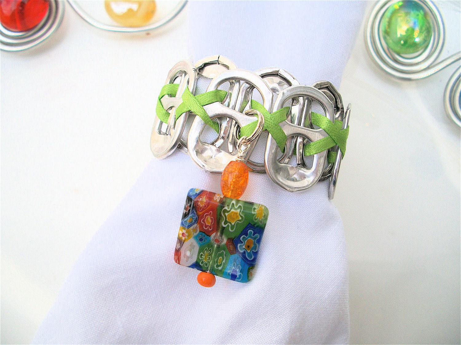 Beaded Soda Tab Napkin Rings - Millefiori - Set of 4 - red, blue, green, orange - upcycled/recycled - gifts under 20.00