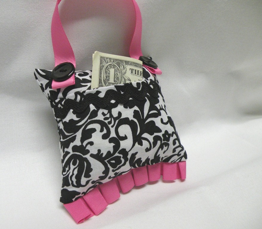 Fushia and Black Damask Design Mini Tooth Fairy Pillow or Purse